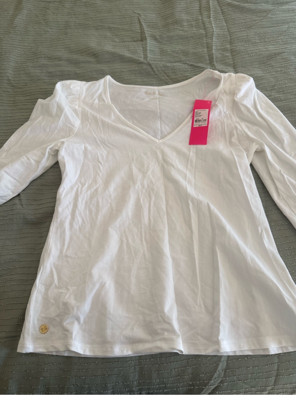 Lilly Pulitzer White V-Neck Tee with Pink Retail Tag